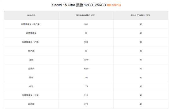 小米15 Ultra备件保外维修价格出炉：换主板最高3540元