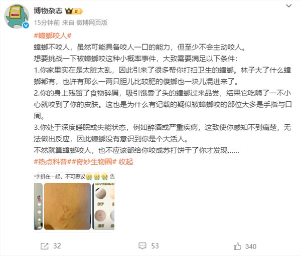 “蟑螂咬人”上热搜 《博物杂志》分析辟谣：三种可能