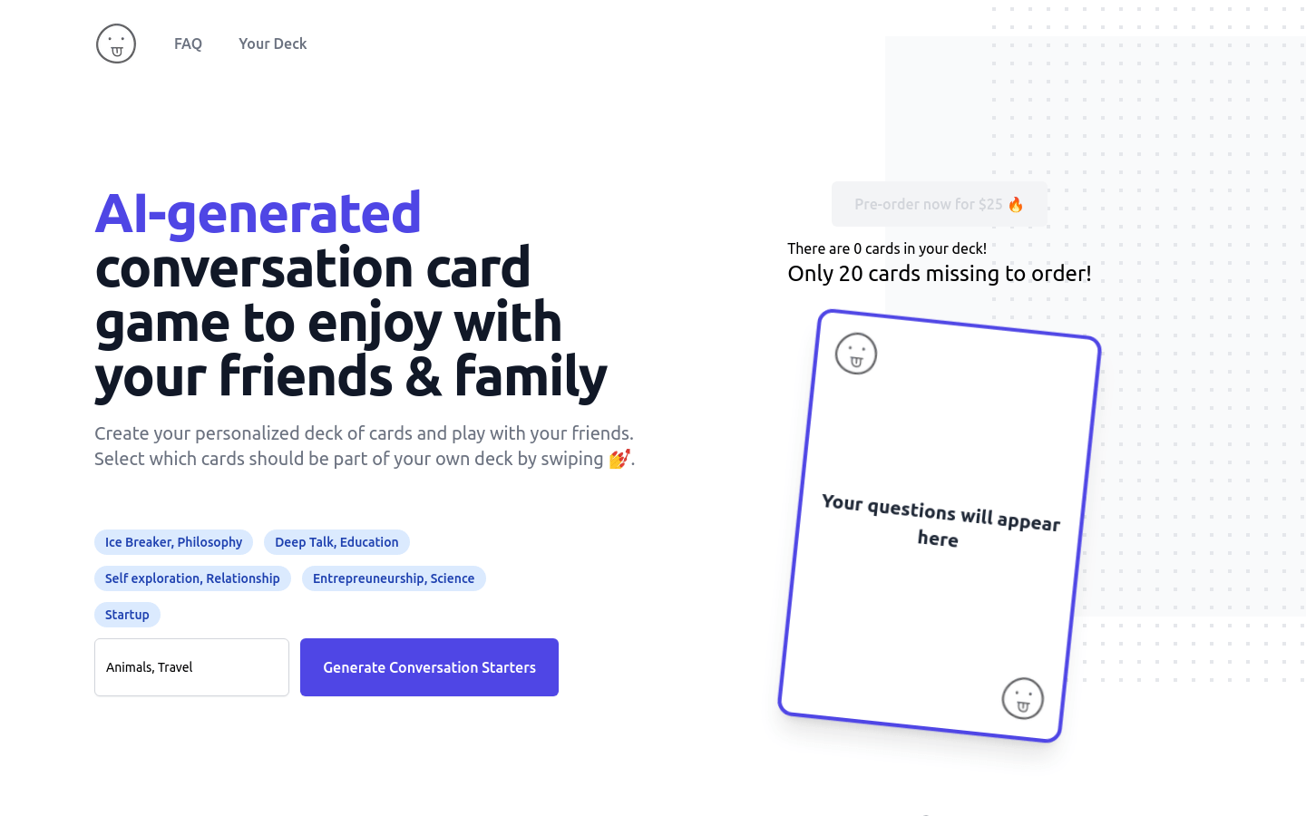 FAQYour Deck: The AI-Powered Conversation Card Game