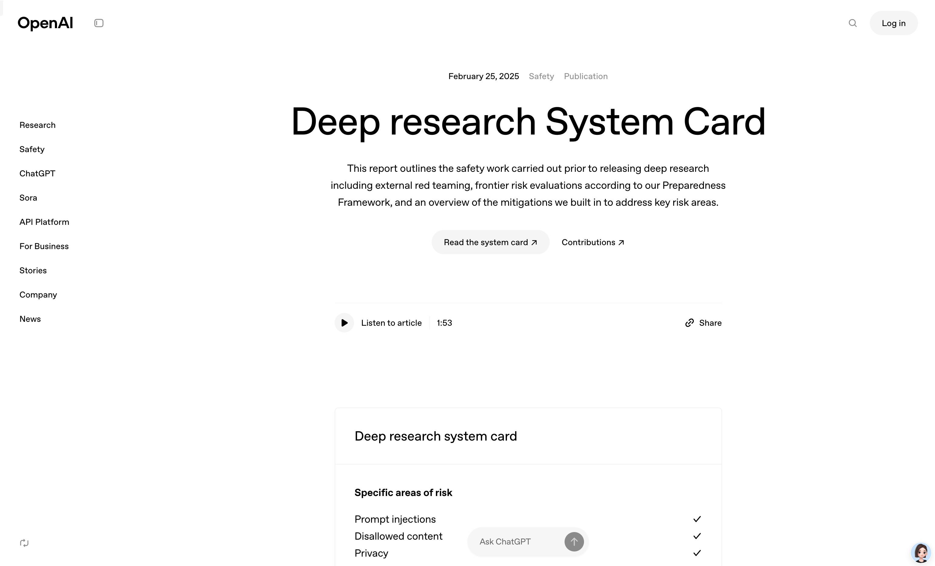 Deep research System Card