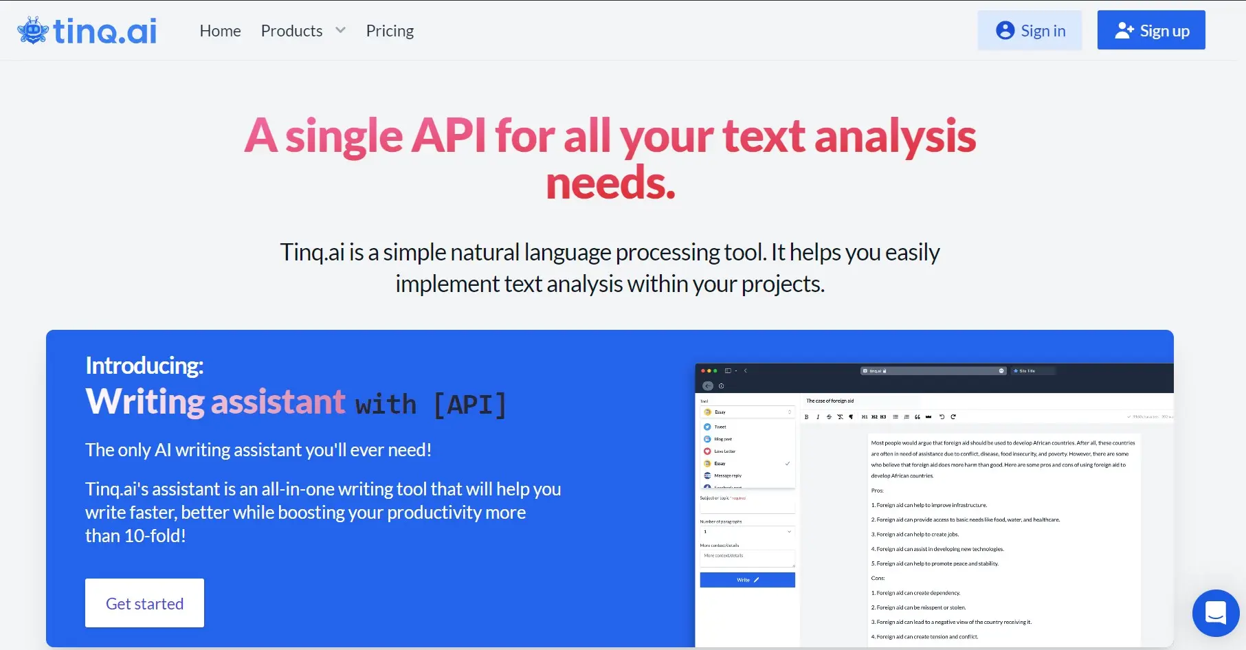 Tinq.ai - NLP API官方网站截图